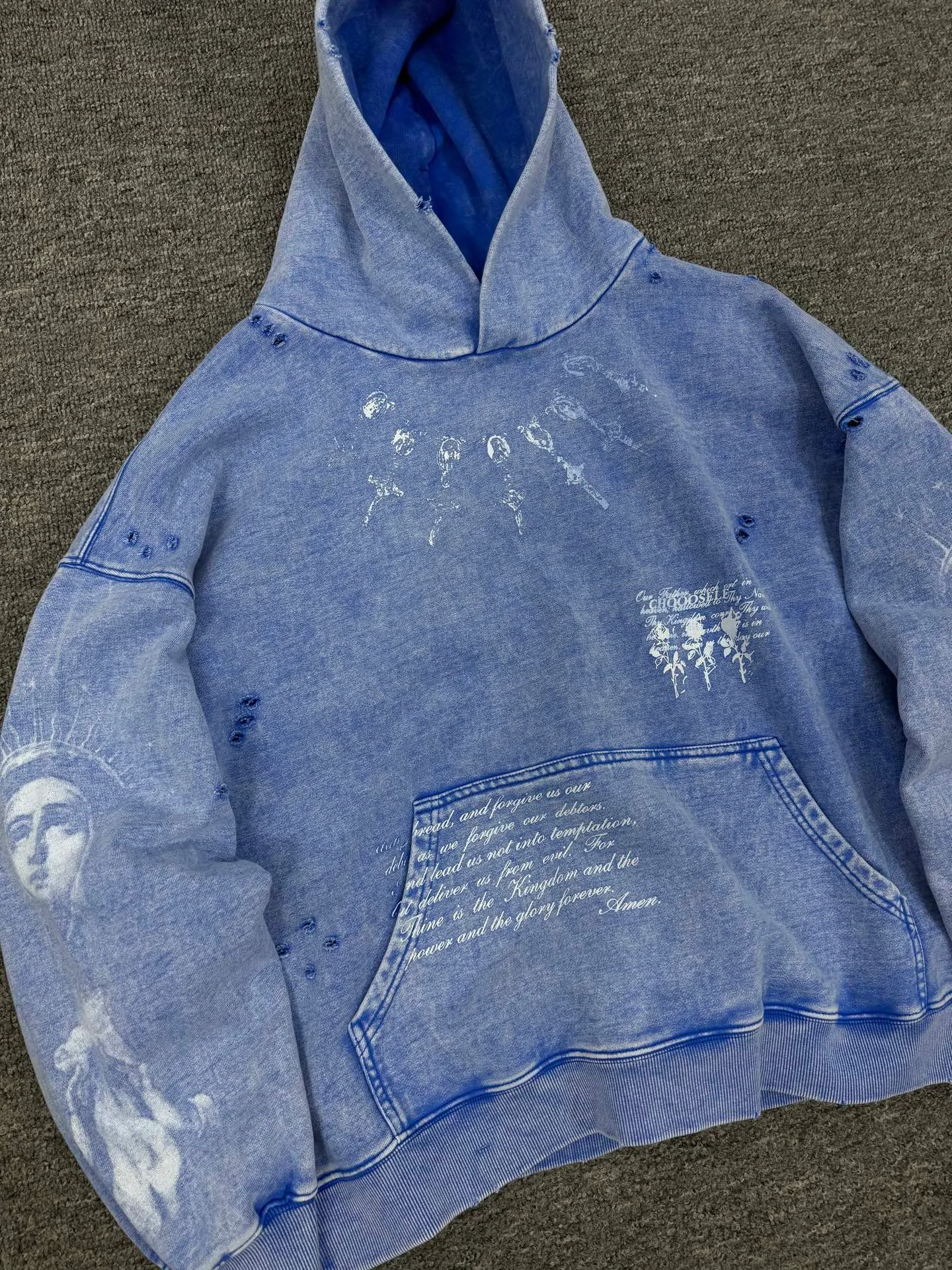 P288 # CHE-08 Saint Maria Limited Loose Portrait Washed Distressed Hooded Sweatshirt Customized heavyweight pure cotton fabric Thermoset ink printing Multi-position manual destruction process Assute yeast mill wash water natural fading effect Size: S M L XL